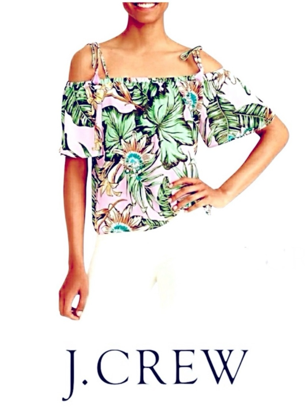 J. Crew Women's Green and Lavender Floral Off-Shoulder Blouse